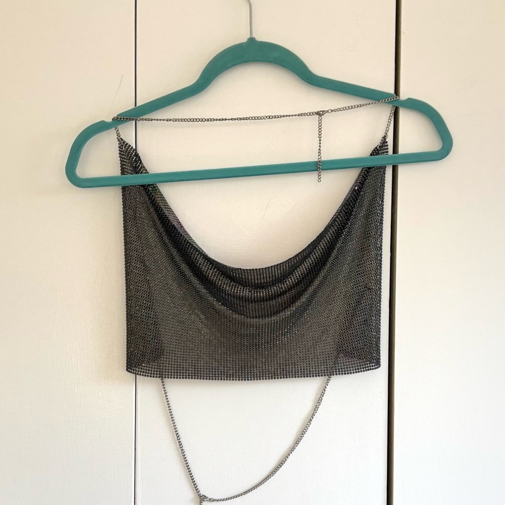 Rainbow Multicolor Chainmail Cowl Neck Crop Top Size Small - Picture 9 of 13